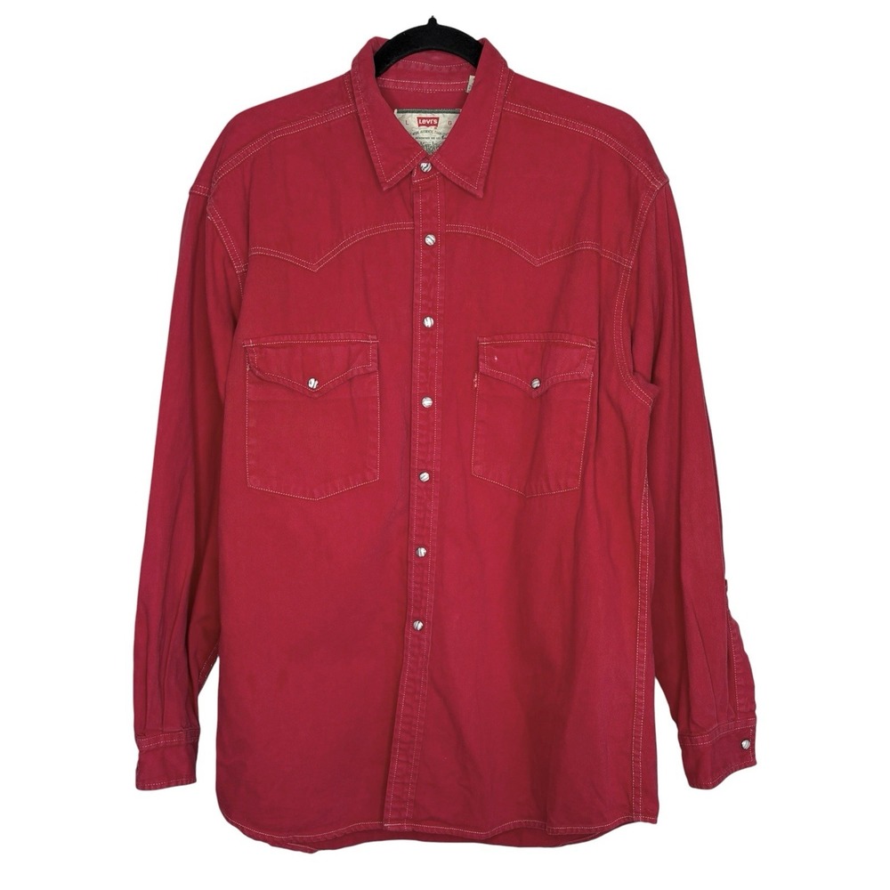 VTG 80s 90s Levis Western Pearl Snap Denim Shirt Mens L Cowboy Rodeo Red Long Sl